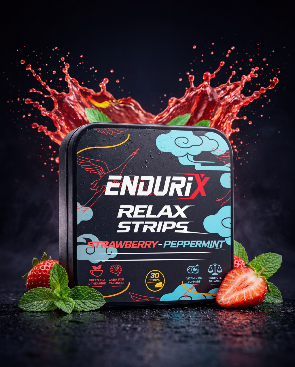 ENDURiX Relax Strips packaging with strawberries and peppermint leaves on a dark background